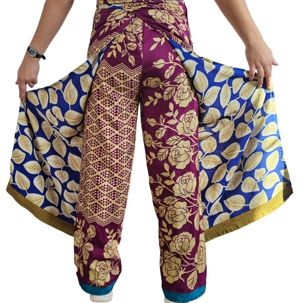 Earthbound Upcycled Silk Wrap Pants Purple Blue Floral Geometric Made in India